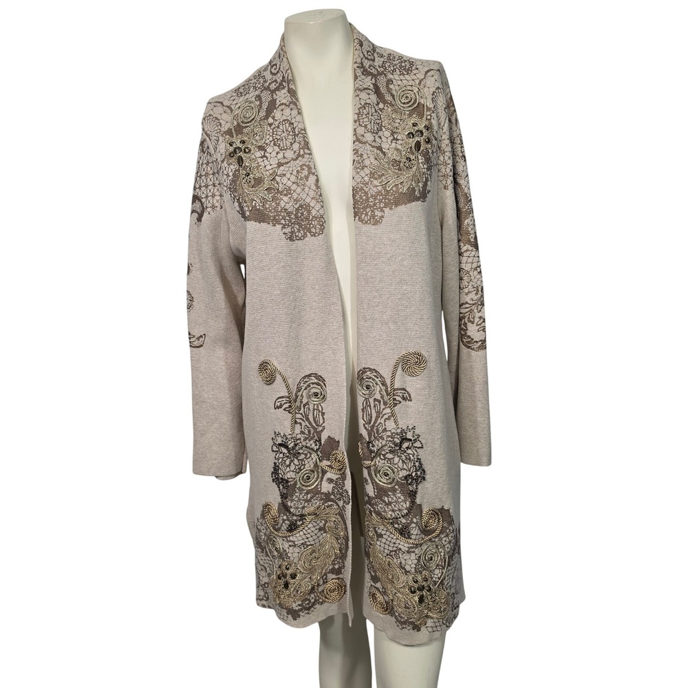 Chico's Size 3 XL Beige Gold Embellished Long Open Front Cardigan Cotton